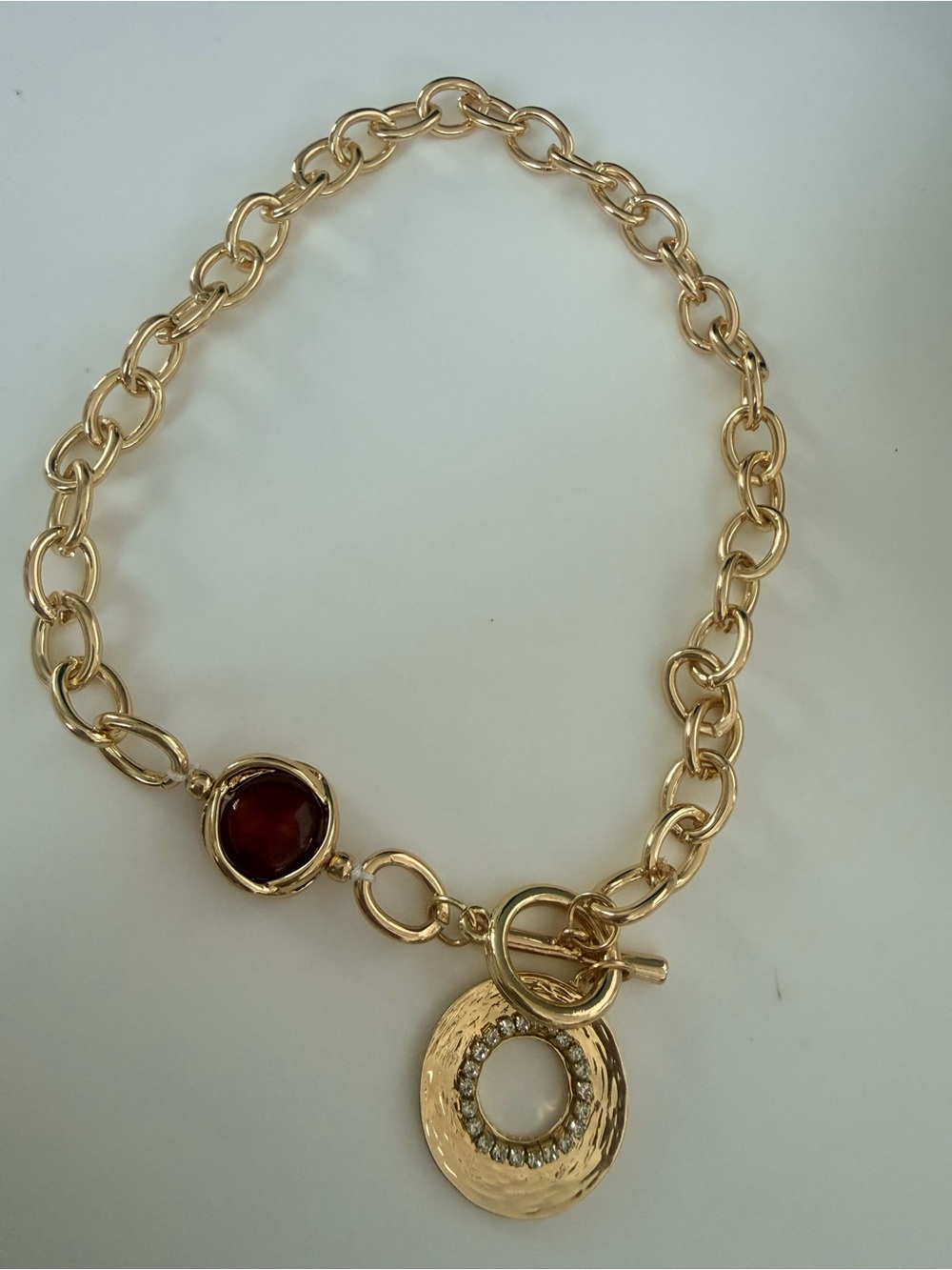 Gold Tone Chain Charm Necklace with Red/Brown Stone and Pavé Circle Charm - Picture 2 of 4